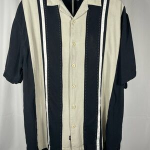 Vintage Nat Nast Black & Tan Striped  Button-Up Retro Bowling Shirt 100% Silk